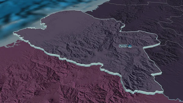 放大Narino 哥伦比亚省 的挤压 斜的角度 用地表水绘制了行政区划的彩色和凹凸的地图 3D渲染 — 图库照片