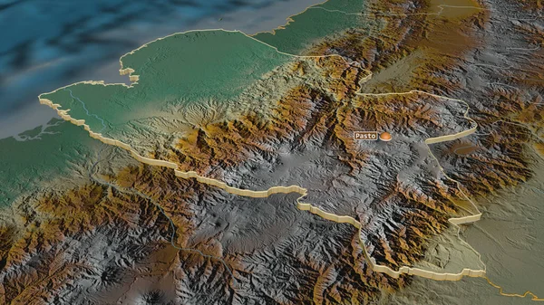 Inzoomen Narino Departement Colombia Geëxtrudeerd Obliek Perspectief Topografische Reliëfkaart Met — Stockfoto