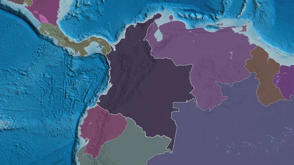 Outlined shape of the Colombia area. Colored and bumped map of the administrative division with surface waters. 3D rendering