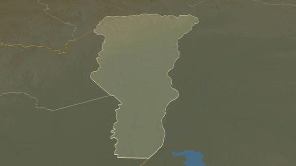 概述了Likouala 刚果共和国地区 的情况 斜的角度 带有地表水的地形图 3D渲染 — 图库照片