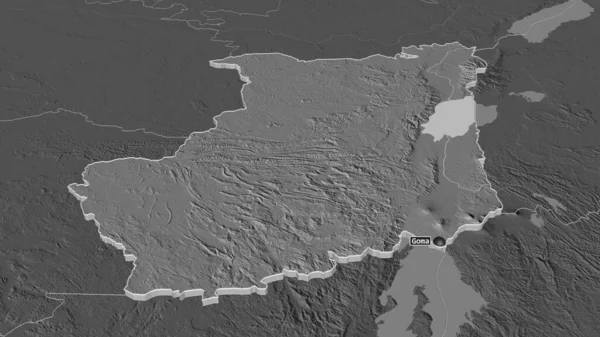 扩大对北基伍 刚果民主共和国省 的控制范围 斜的角度 带地表水的双层高程图 3D渲染 — 图库照片
