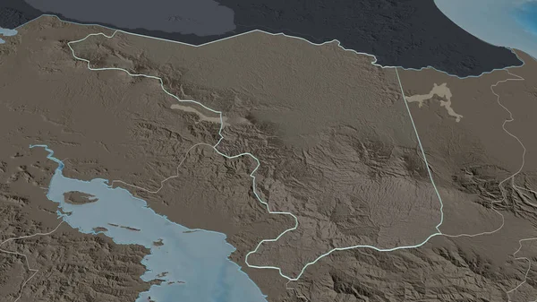 Zoom in on Alajuela (province of Costa Rica) outlined. Oblique perspective. Colored and bumped map of the administrative division with surface waters. 3D rendering