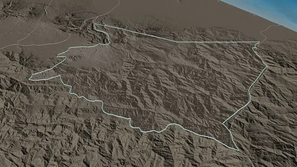 Zoom in on Cartago (province of Costa Rica) outlined. Oblique perspective. Colored and bumped map of the administrative division with surface waters. 3D rendering