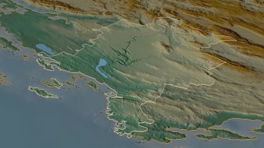 Hırvatistan 'ın Sibensko-Kninska ilçesine (ilçe) yakınlaştırın. Belirsiz bir bakış açısı. Yüzey suları olan topografik yardım haritası. 3B görüntüleme