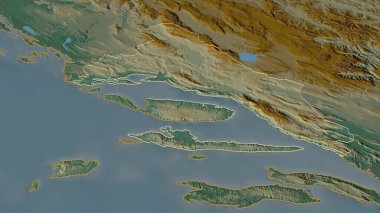 Hırvatistan 'ın Splitsko-Dalmatinska ilçesine (ilçe) yakınlaştırın. Belirsiz bir bakış açısı. Yüzey suları olan topografik yardım haritası. 3B görüntüleme