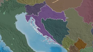 Hırvatistan bölgesinin ana hatlarıyla belirlendi. Yüzey sularıyla birlikte idari bölümün renkli ve çarpık haritası. 3B görüntüleme