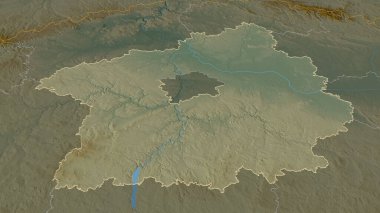 Stredocesky 'ye (Çek Cumhuriyeti bölgesi) yakınlaştır. Belirsiz bir bakış açısı. Yüzey suları olan topografik yardım haritası. 3B görüntüleme