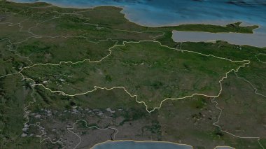 Monte Plata 'ya (Dominik Cumhuriyeti) yakınlaş. Belirsiz bir bakış açısı. Uydu görüntüleri. 3B görüntüleme