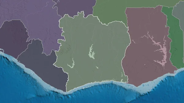Outlined shape of the Cote d\'Ivoire area. Colored and bumped map of the administrative division with surface waters. 3D rendering