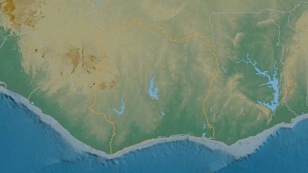 Forma Delineada Costa Marfil Mapa Topográfico Relieve Con Aguas Superficiales — Foto de Stock