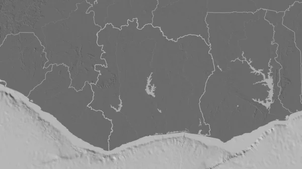 Outlined Shape Cote Ivoire Area Bilevel Elevation Map Surface Waters — Stock Photo, Image