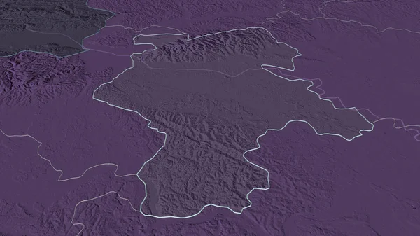 Zoom in on Grad Zagreb (city of Croatia) outlined. Oblique perspective. Colored and bumped map of the administrative division with surface waters. 3D rendering