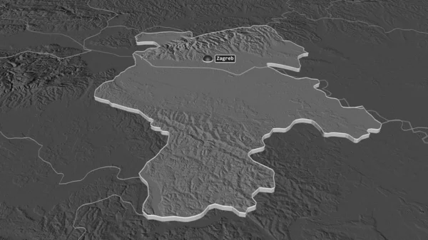 Zoom in on Grad Zagreb (city of Croatia) extruded. Oblique perspective. Bilevel elevation map with surface waters. 3D rendering