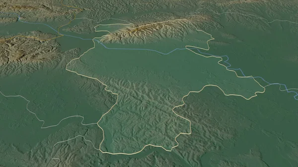 Zoom in on Grad Zagreb (city of Croatia) outlined. Oblique perspective. Topographic relief map with surface waters. 3D rendering
