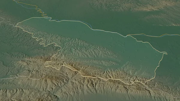 概述了Viroviticko Podravska 克罗地亚县 的情况 斜的角度 带有地表水的地形图 3D渲染 — 图库照片