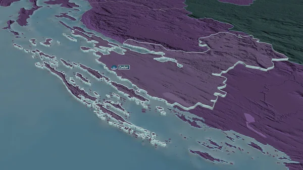 Ampliar Zadarska Condado Croacia Extruido Perspectiva Oblicua Mapa Coloreado Tocado — Foto de Stock