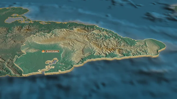 扩大关塔纳摩 古巴省 的范围 斜的角度 带有地表水的地形图 3D渲染 — 图库照片