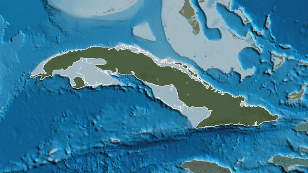 Outlined shape of the Cuba area. Colored and bumped map of the administrative division with surface waters. 3D rendering