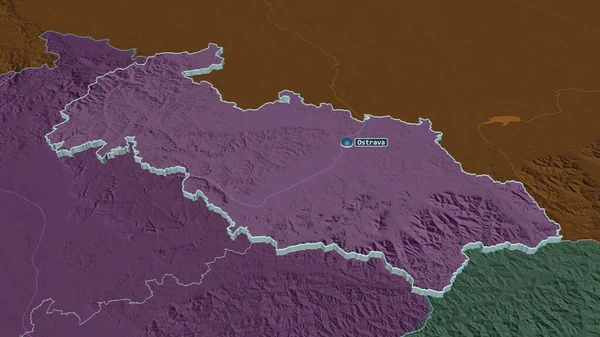 Zoom Moravskoslezsky Regione Della Repubblica Ceca Estruso Prospettiva Obliqua Mappa — Foto Stock