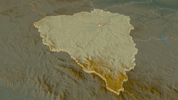 Zoom Auf Plzensky Tschechien Schräge Perspektive Topographische Reliefkarte Mit Oberflächengewässern — Stockfoto