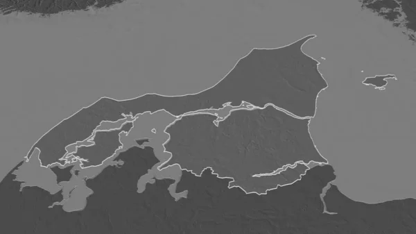 Zoom Nordjylland Region Denmark Outlined Oblique Perspective Bilevel Elevation Map — Stock Photo, Image