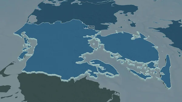 Zoom in on Syddanmark (region of Denmark) extruded. Oblique perspective. Colored and bumped map of the administrative division with surface waters. 3D rendering