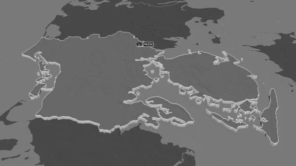 Přiblížit Syddanmark Oblast Dánska Vytlačen Úhlová Perspektiva Bilevel Elevační Mapa — Stock fotografie