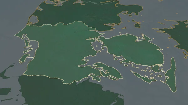 丹麦区域 概述的重点放在 丹麦区域 斜的角度 带有地表水的地形图 3D渲染 — 图库照片