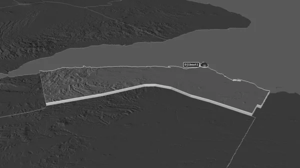 Zoom in on Djibouti (city of Djibouti) extruded. Oblique perspective. Bilevel elevation map with surface waters. 3D rendering