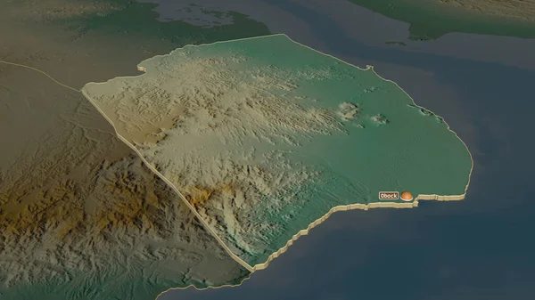 Inzoomen Obock Regio Djibouti Geëxtrudeerd Obliek Perspectief Topografische Reliëfkaart Met — Stockfoto