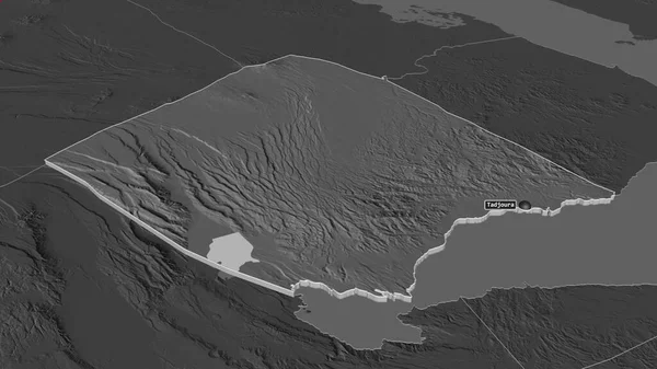 扩大Tadjourah 吉布提地区 的范围 斜的角度 带地表水的双层高程图 3D渲染 — 图库照片