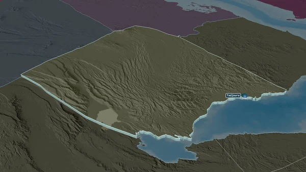 Zoom Tadjourah Regione Gibuti Estruso Prospettiva Obliqua Mappa Colorata Urtata — Foto Stock