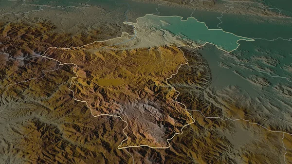 Zoom in on La Vega (province of Dominican Republic) outlined. Oblique perspective. Topographic relief map with surface waters. 3D rendering