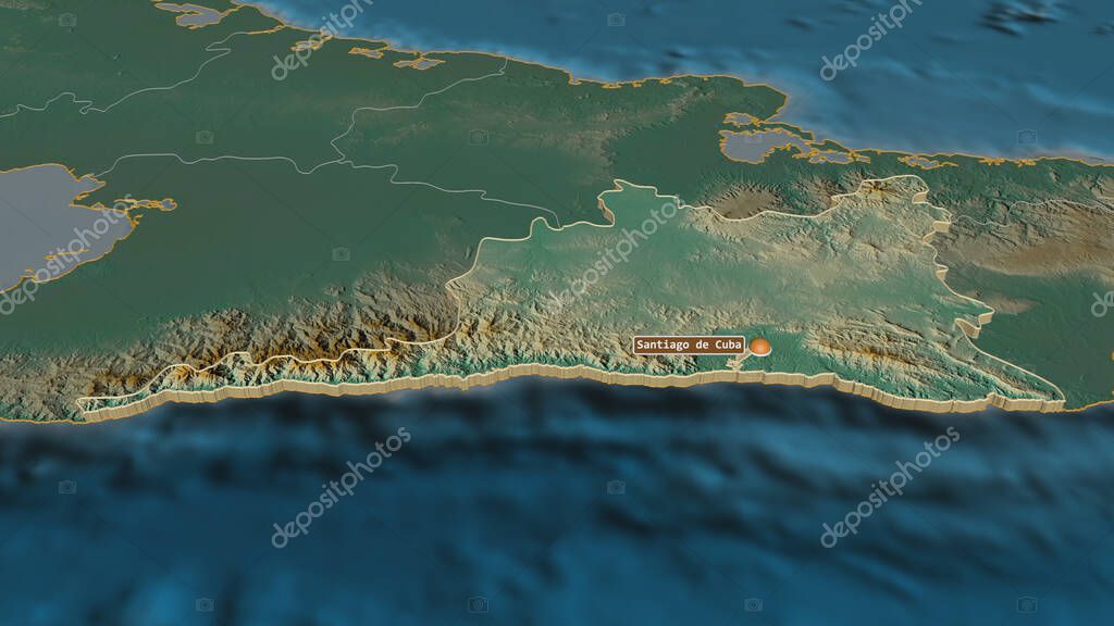 Zoom en Santiago de Cuba (provincia de Cuba) extruido. Perspectiva