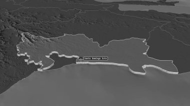 Santo Domingo 'ya (Dominik Cumhuriyeti) yakınlaştırın. Belirsiz bir bakış açısı. Yüzey sularıyla çift seviyeli yükseklik haritası. 3B görüntüleme