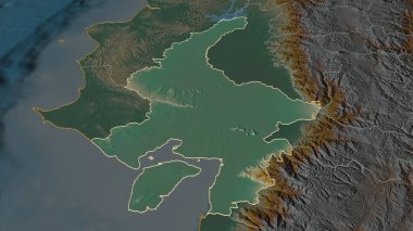 Guayas 'a (Ekvador ili) yakınlaştır. Belirsiz bir bakış açısı. Yüzey suları olan topografik yardım haritası. 3B görüntüleme