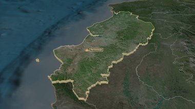 Manabi 'ye (Ekvador ili) yakınlaştır. Belirsiz bir bakış açısı. Uydu görüntüleri. 3B görüntüleme