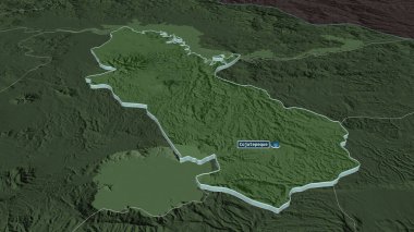 Cuscatlan 'a (El Salvador Departmanı) yakınlaştır. Belirsiz bir bakış açısı. Yüzey sularıyla birlikte idari bölümün renkli ve çarpık haritası. 3B görüntüleme