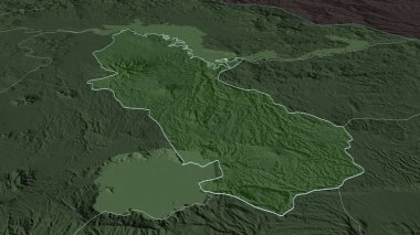 Cuscatlan 'a (El Salvador Departmanı) yakınlaş. Belirsiz bir bakış açısı. Yüzey sularıyla birlikte idari bölümün renkli ve çarpık haritası. 3B görüntüleme