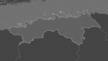 Harju 'ya (Estonya eyaleti) yakınlaştırın. Belirsiz bir bakış açısı. Yüzey sularıyla çift seviyeli yükseklik haritası. 3B görüntüleme