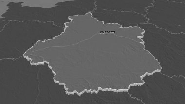 Centre-Val de Loire 'a (Fransa bölgesi) yakınlaştırın. Belirsiz bir bakış açısı. Yüzey sularıyla çift seviyeli yükseklik haritası. 3B görüntüleme