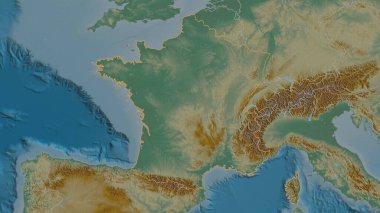 Fransa bölgesinin ana hatlarıyla çizilmiş hali. Yüzey suları olan topografik yardım haritası. 3B görüntüleme