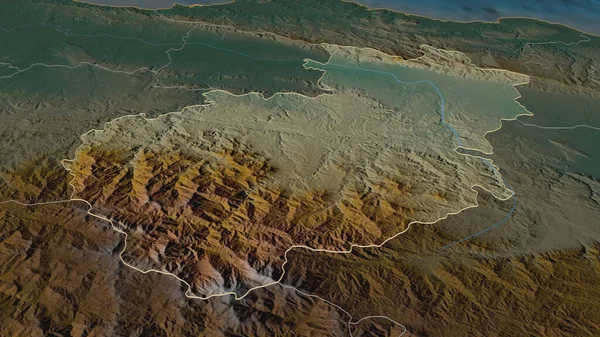 概述了圣地亚哥 多米尼加共和国省 的情况 斜的角度 带有地表水的地形图 3D渲染 — 图库照片