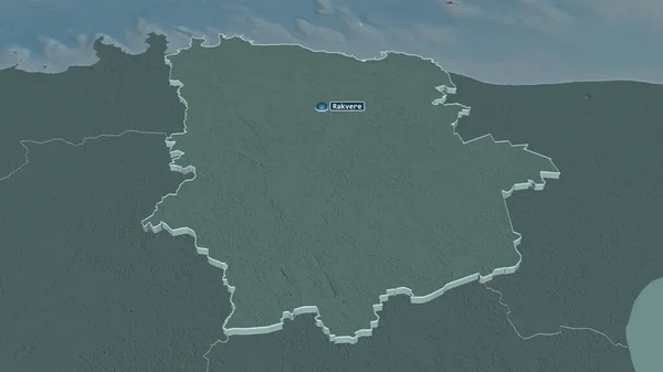 将Laane Viru 爱沙尼亚县 的重点放在挤压上 斜的角度 用地表水绘制了行政区划的彩色和凹凸的地图 3D渲染 — 图库照片