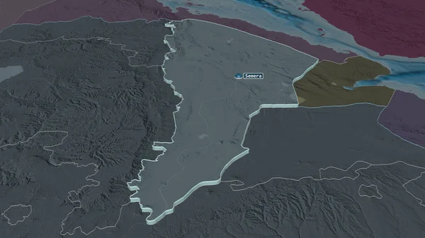放大阿法尔 埃塞俄比亚状态 斜的角度 用地表水绘制了行政区划的彩色和凹凸的地图 3D渲染 — 图库照片