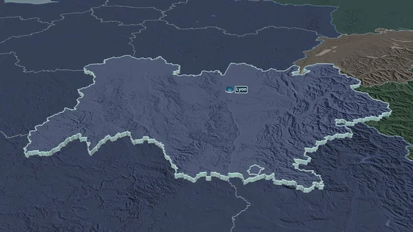 Auvergne Rhone Alpes フランスの地域 で拡大して表示します 嘘の見方だ 水面と行政区画の色と衝突した地図 3Dレンダリング — ストック写真