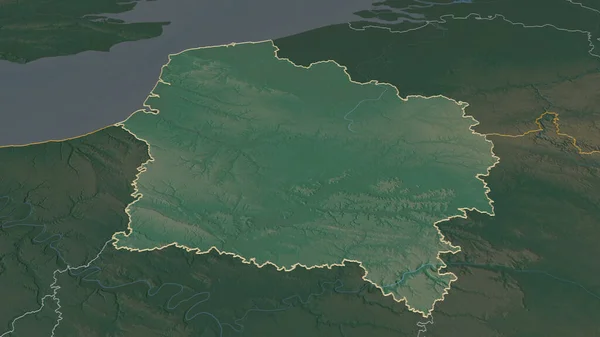 Zoom in on Hauts-de-France (region of France) outlined. Oblique perspective. Topographic relief map with surface waters. 3D rendering