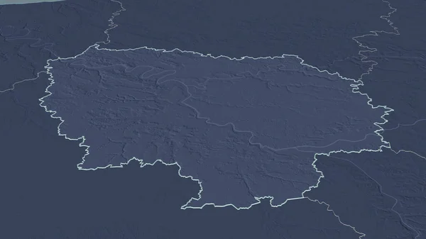 Zoom in on Ile-de-France (region of France) outlined. Oblique perspective. Colored and bumped map of the administrative division with surface waters. 3D rendering