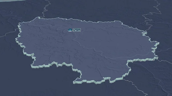 Zoom in on Ile-de-France (region of France) extruded. Oblique perspective. Colored and bumped map of the administrative division with surface waters. 3D rendering