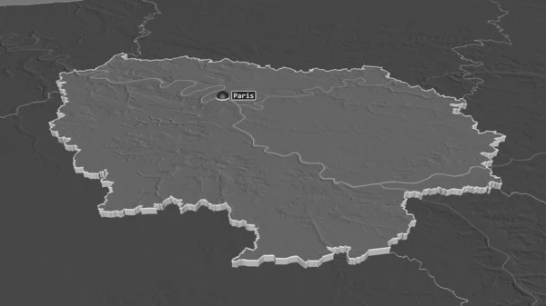 Zoom in on Ile-de-France (region of France) extruded. Oblique perspective. Bilevel elevation map with surface waters. 3D rendering